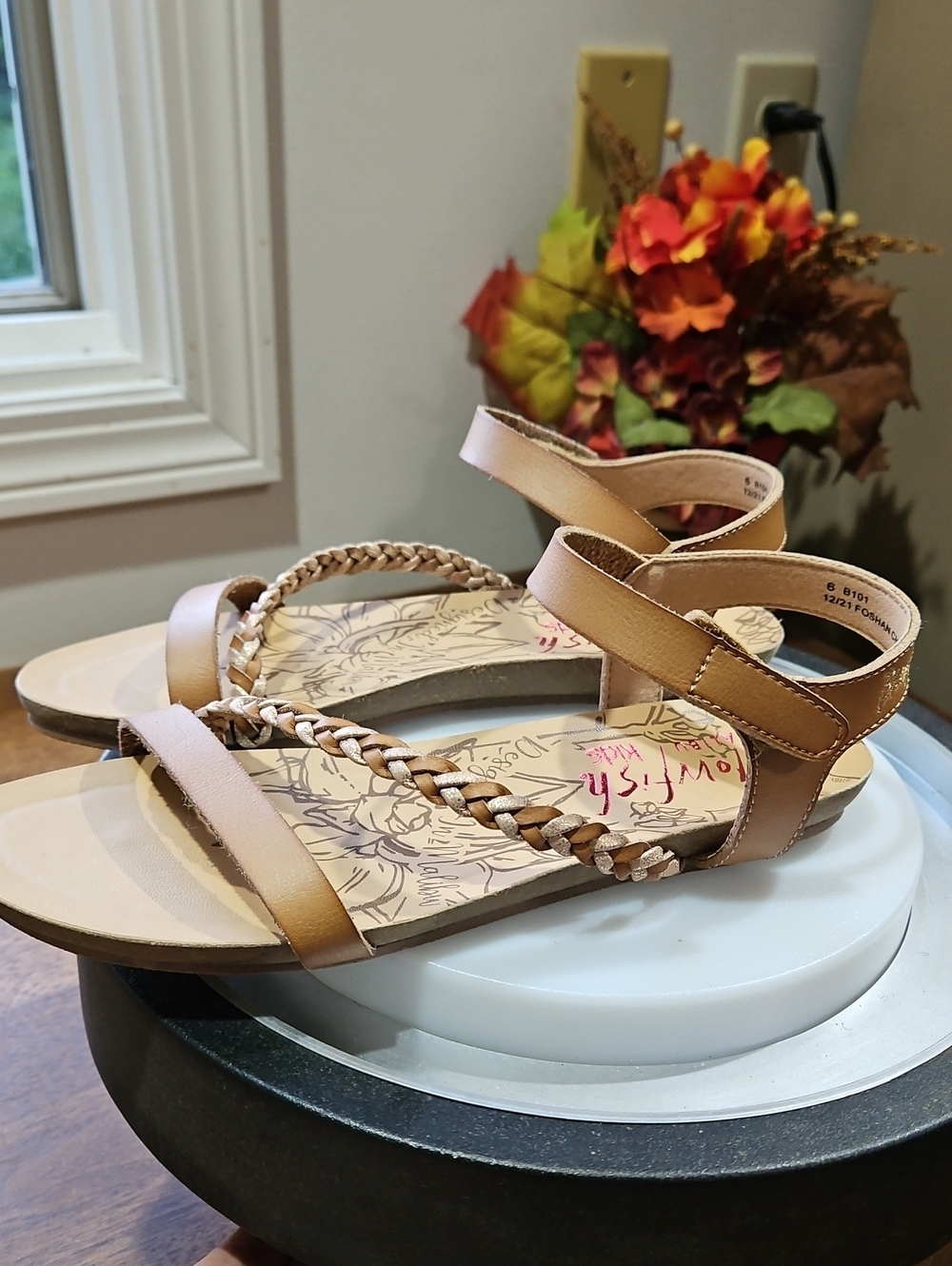 Girls' Tan Braided Ankle-Strap Sandals - Picture 8 of 13